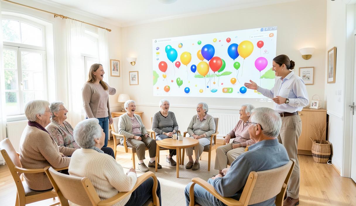 Des résidents d'EHPAD rient en cercle devant un mur interactif projetant un jeu de ballons colorés, entourés de deux animatrices